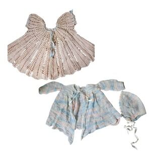 Vintage Hand Made Crochet Bady Dress, Sweater, And Bonnet